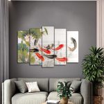 Tranh cửu ngư quần hội ghép bộ 5 tấm treo sau ghế sofa