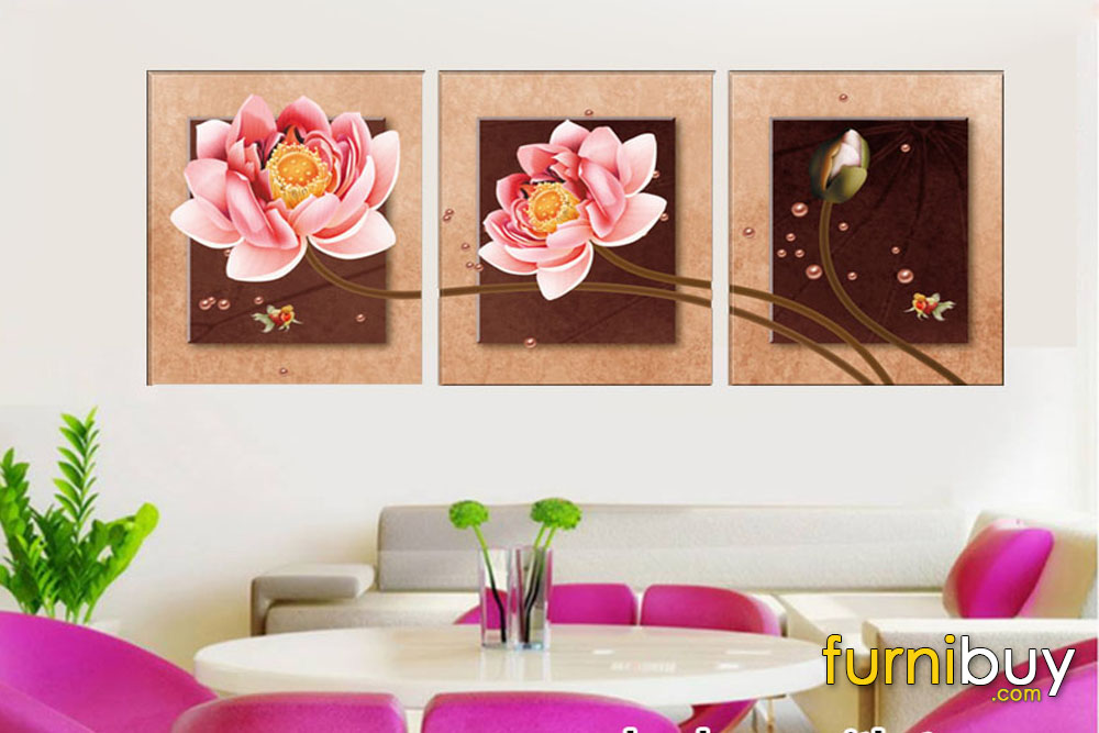 Tranh hoa sen hiện đại 3 tấm in canvas đơn giản mà sang trọng, ấm cúng