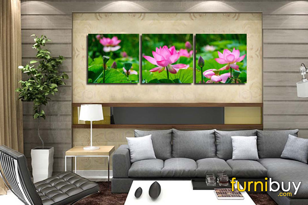 Lá sen xanh, hoa sen hồng ghép 3 tấm vuông cực kỳ thích hợp cho không gian phòng khách nhỏ thiếu sắc xanh