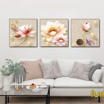 Tranh canvas hoa sen ghép bộ 3 tấm treo phòng khách đẹp AmiA 1709