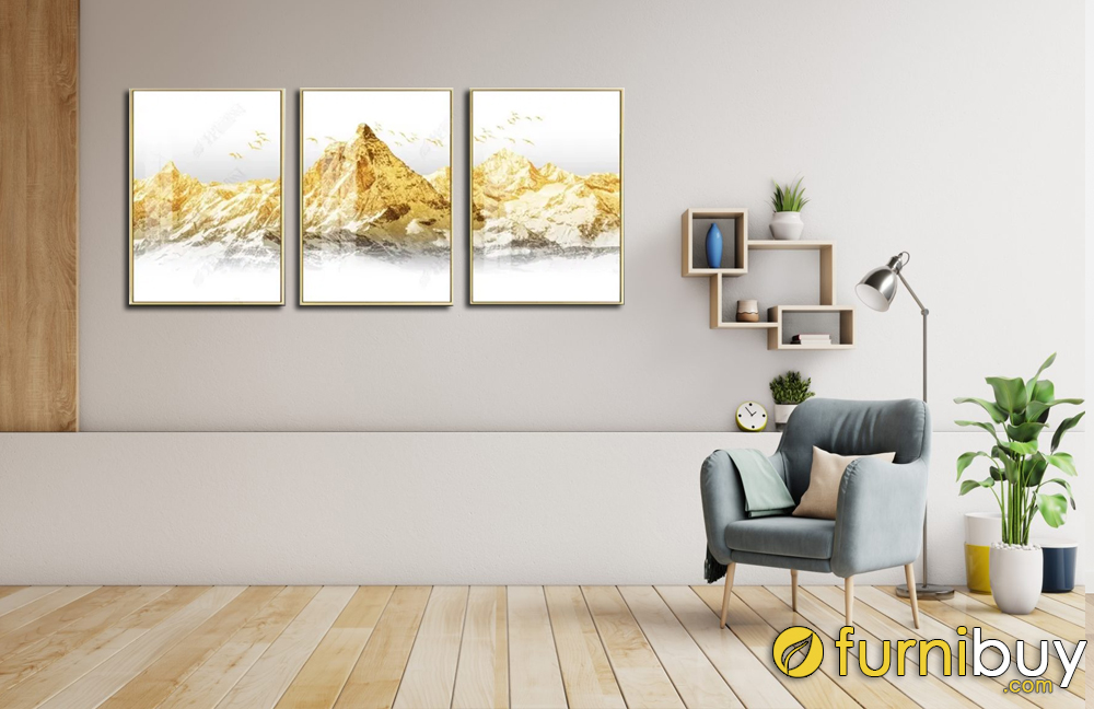 Tranh núi vàng in canvas 3 tấm có khung viền 