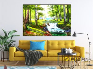 Mẫu tranh vẽ rừng cây với thác nước phù hợp treo phong phòng khách