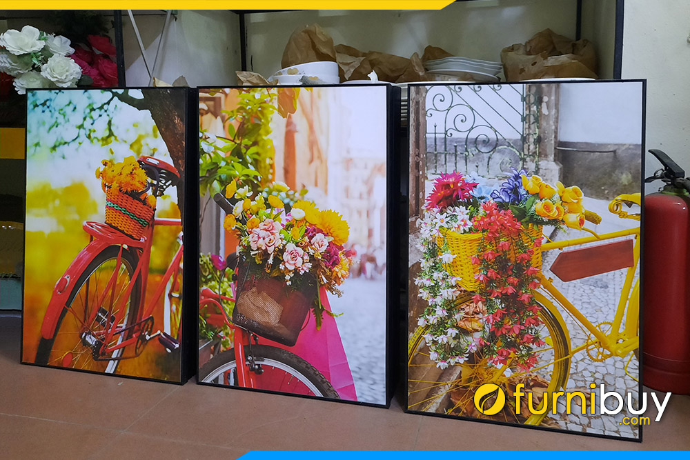 Tranh canvas bo 3 tam xe dap mau sac