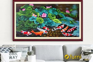 tranh vẽ sơn dầu cá chép hoa sen Amia TSD 389