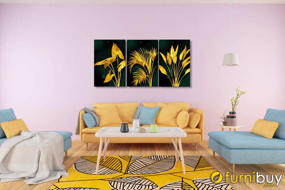 Tranh treo phòng khách hiện đại bộ canvas lá cây màu vàng AmiA 919041