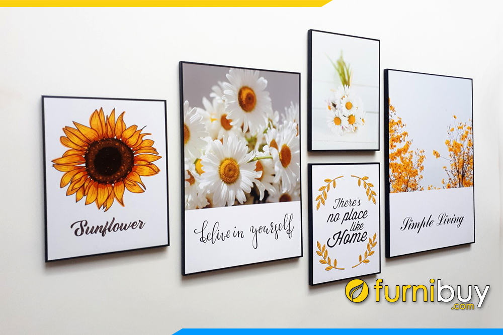 Leinwandbild mit 5 Blumen und Blumen in der gleichen Richtung an der Wand