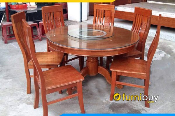 Hình ảnh bộ bàn ăn tròn xoay 6 ghế BA011 màu sơn gỗ xoan đào