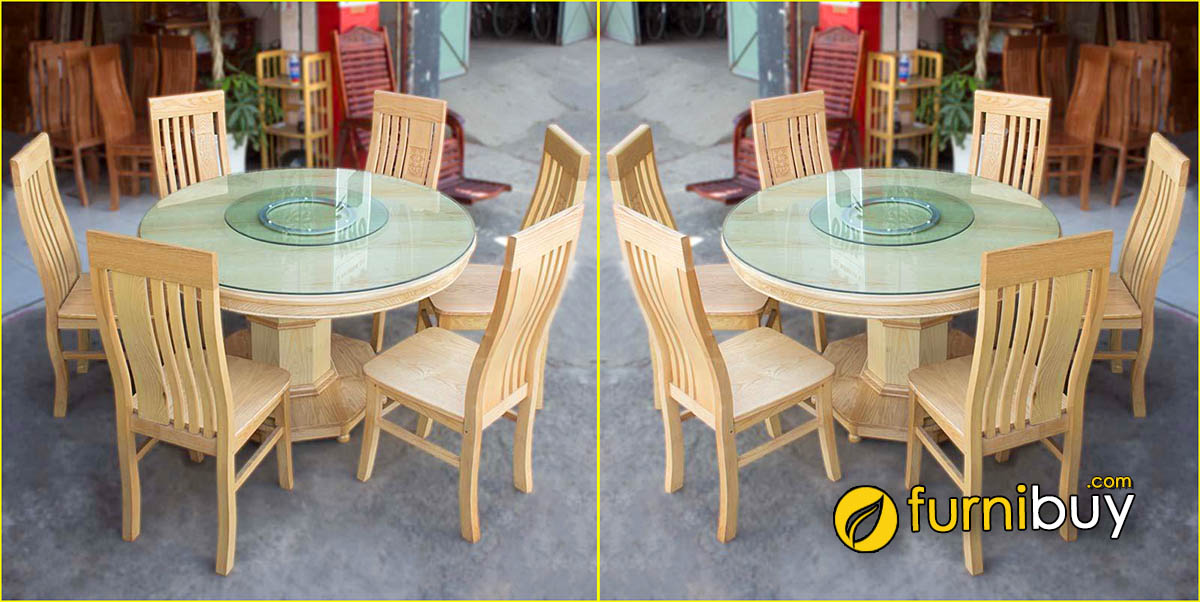 Hình ảnh Bộ bàn ăn gỗ sồi nga tròn xoay 6 ghế đẹp