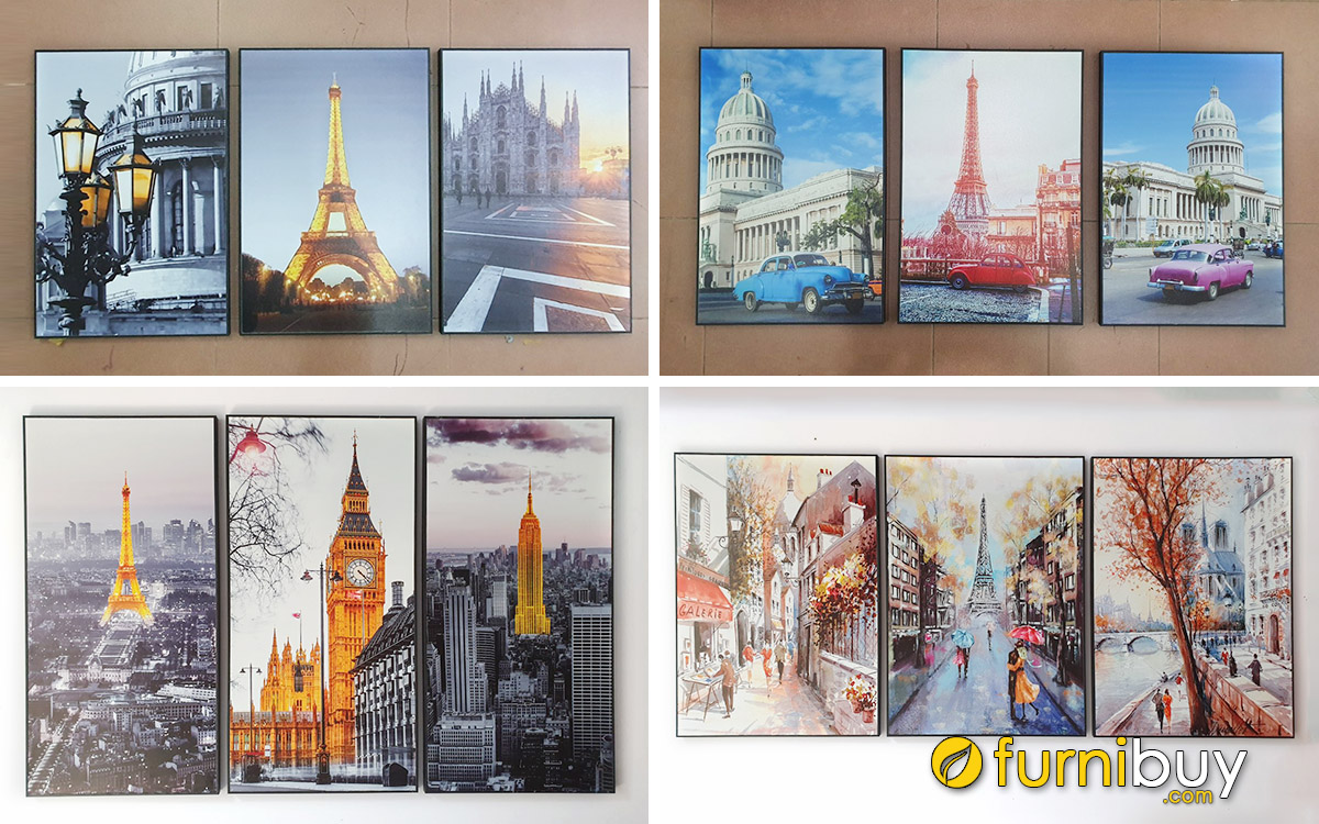 Hình ảnh Các mẫu tranh tháp Eiffel in canvas treo tường ghéo bộ 3 tấm