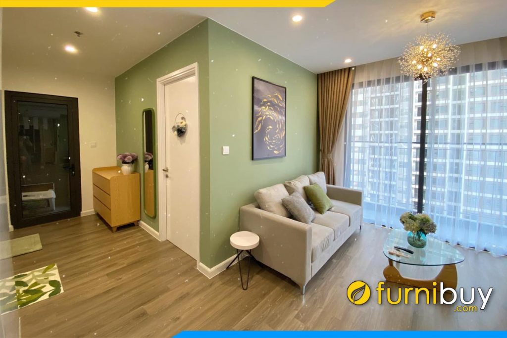 sofa vang ni 3 cho ngoi ke phong khach chung cu nho xinh