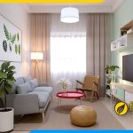 Mẫu kệ tivi phòng khách chung cư đẹp kết hợp ghế sofa và tranh treo tường