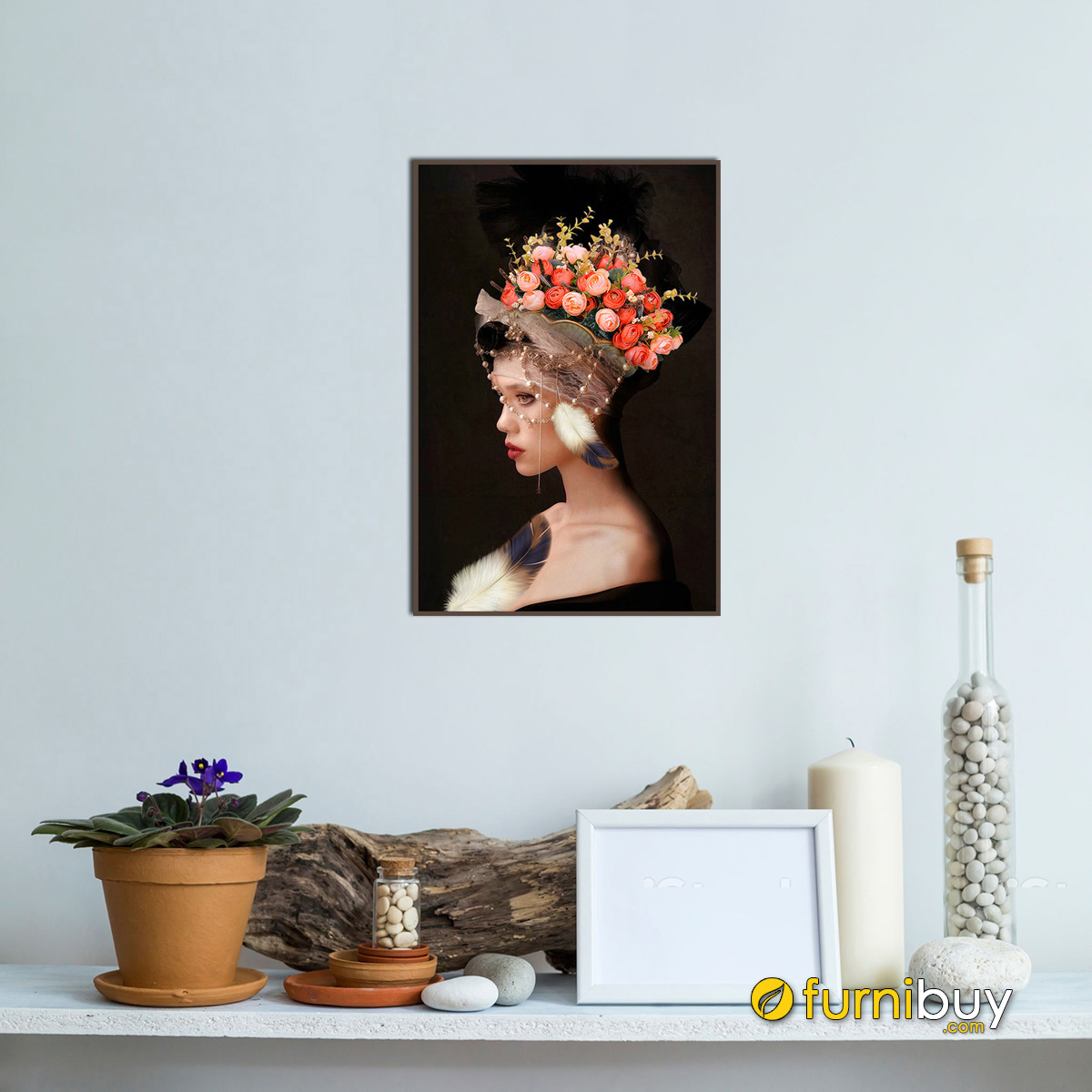Hình ảnh Tranh canvas hình cô gái đẹp đội hoa màu sắc