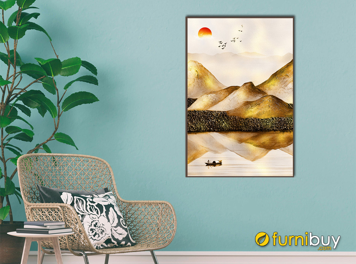 Hình ảnh Tranh canvas sông núi màu vàng ánh kim