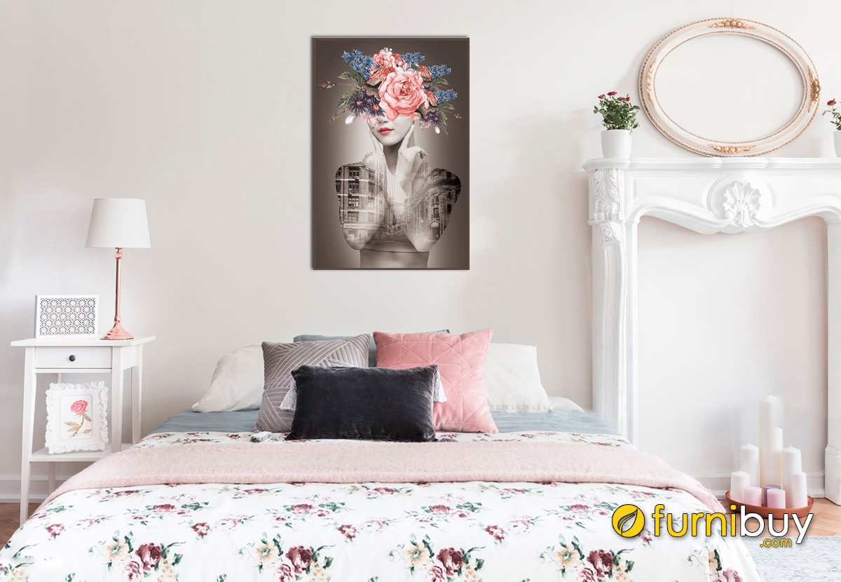 Hình ảnh Tranh hình ảnh cô gái đẹp và hoa treo tường phòng ngủ nữ giới