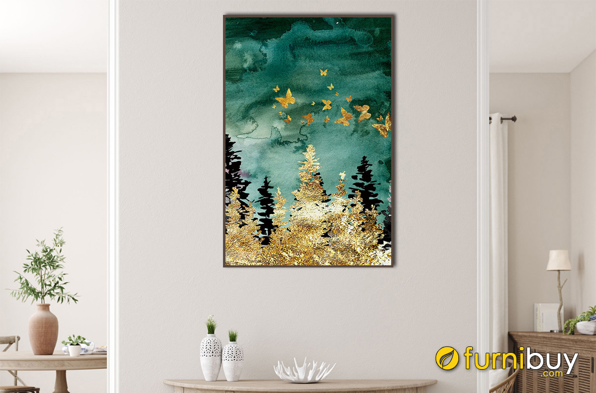 Hình ảnh Tranh rừng in canvas ánh kim vàng đồng