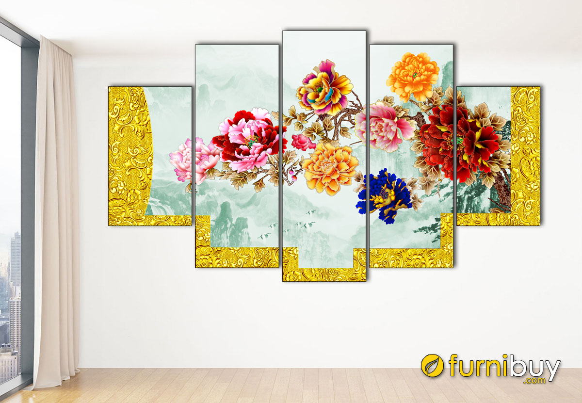 Hình ảnh Bức tranh hoa mẫu đơn vàng treo tường phong thủy