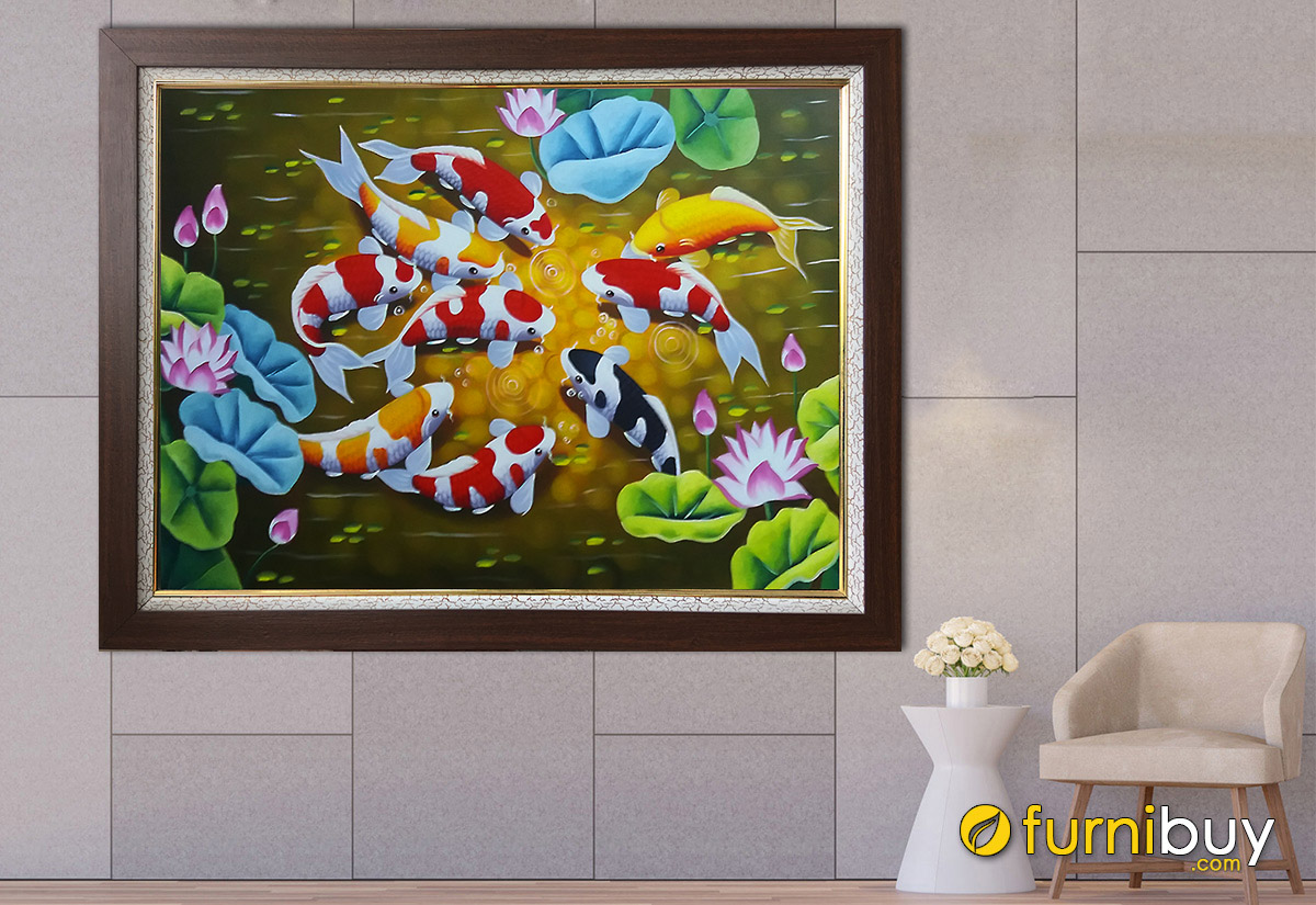 Hình ảnh Tranh cá chép hoa sen vẽ sơn dầu 1 tấm đẹp