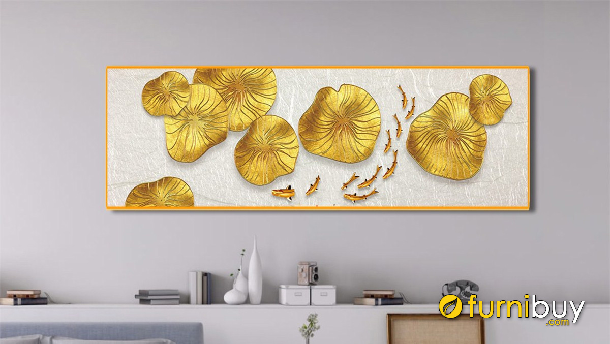 Hình ảnh Tranh cá khổ ngang treo tường đẹp vàng ánh kim