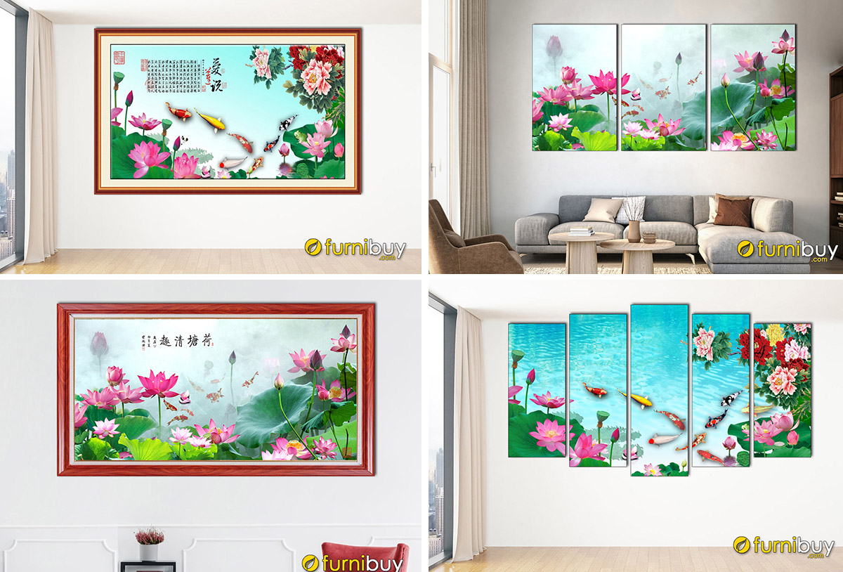 Hình ảnh Bức tranh hoa sen và cá chép treo tường đẹp