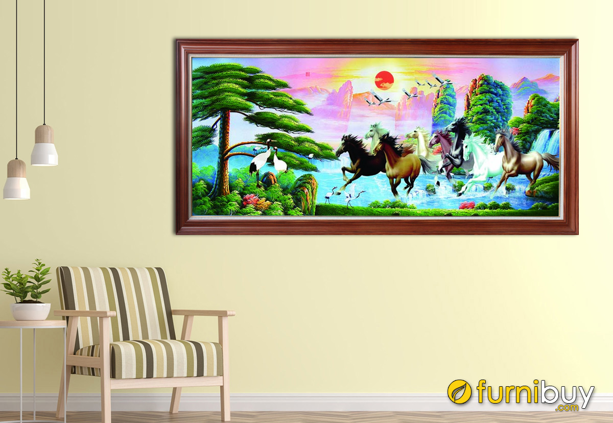 Hình ảnh Tranh ngựa kết hợp sơn thủy hữu tình treo tường đẹp