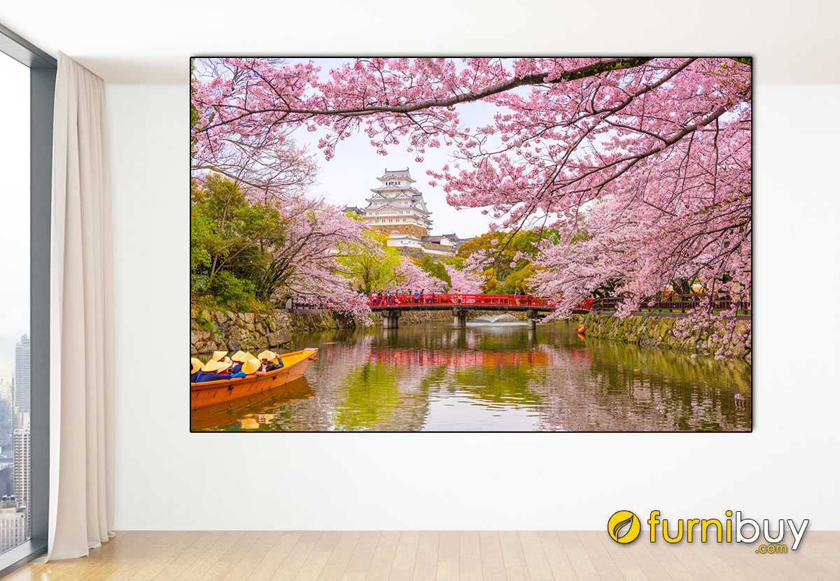 Hình ảnh Tranh phong cảnh lâu đài Himeji hoa anh đào đẹp mê ly