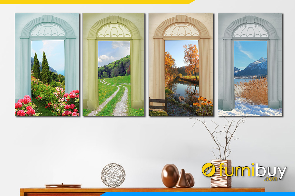 Tranh bốn mùa treo tường: Những bức tranh về bốn mùa sẽ làm cho không gian nhà bạn trở nên thú vị và tràn đầy màu sắc. Đặt bức tranh phong cảnh bốn mùa lên tường, bạn sẽ được chiêm ngưỡng toàn cảnh về sự thay đổi của thiên nhiên từ mùa xuân đến mùa đông.
