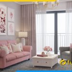 ghe sofa vang ke phong khach chung cu boc ni hong