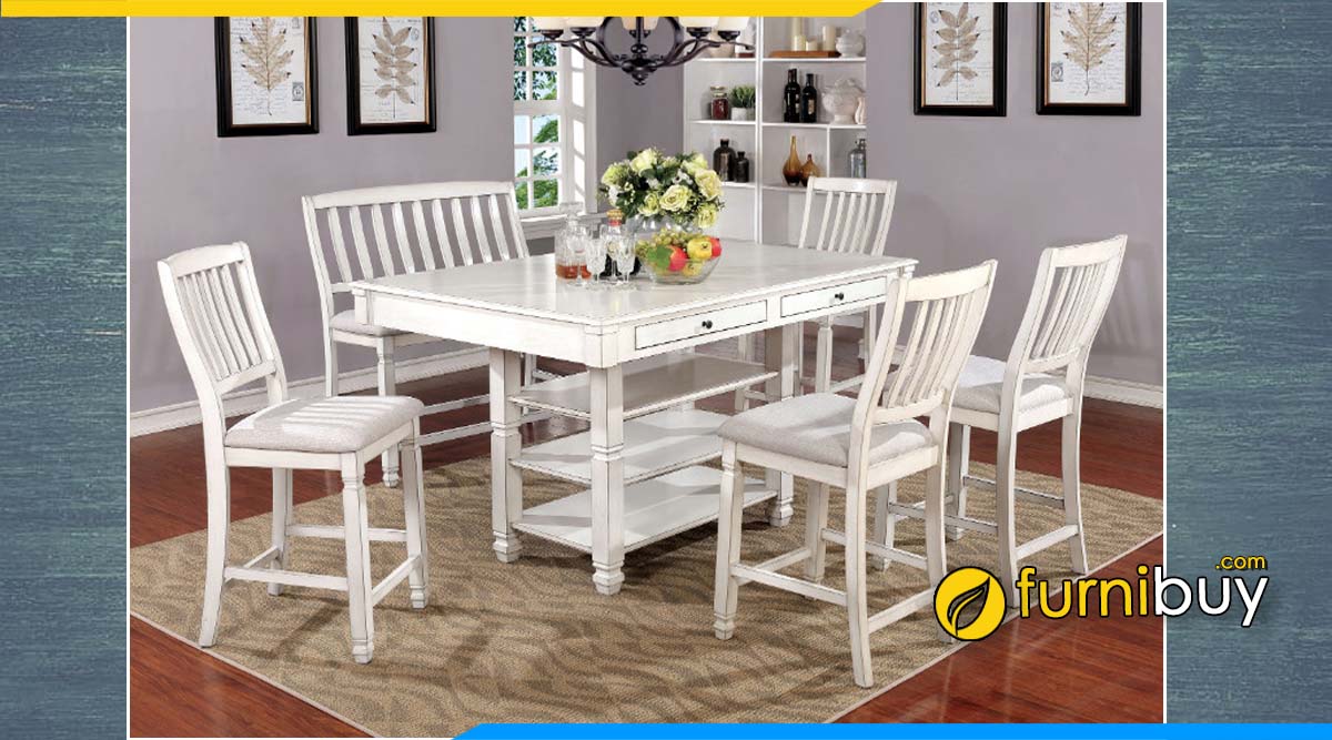 Hình ảnh Mẫu bàn ăn 6 ghế màu trắng tân cổ điển