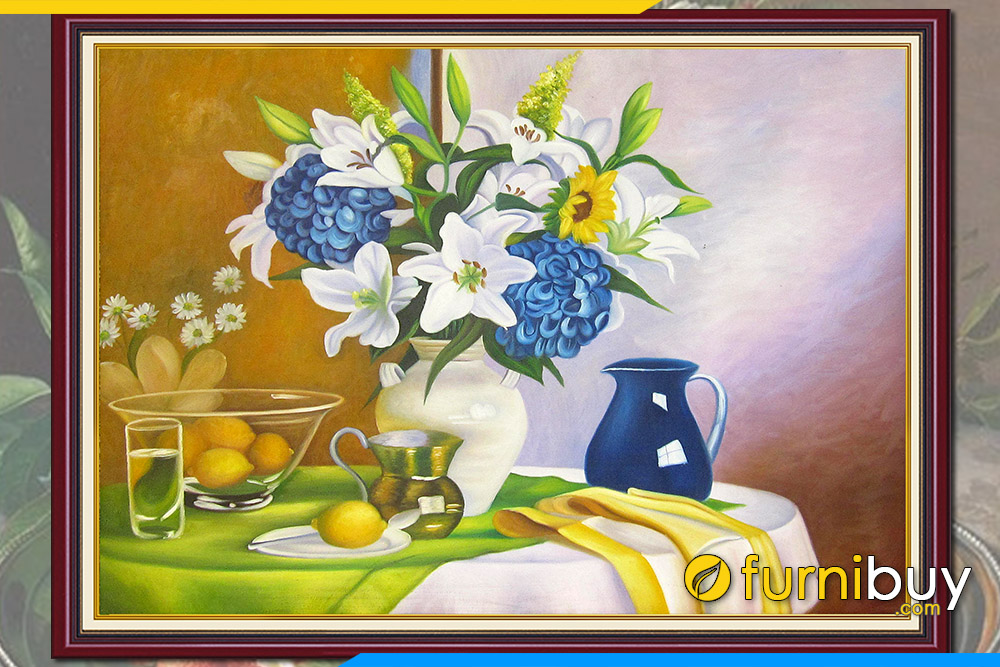 Tranh sơn dầu tĩnh vật bình hoa bàn ăn AmiA TSD 372 | Nội thất FurniBuy