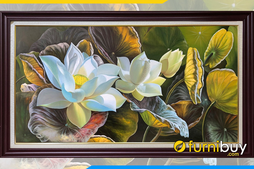 Tranh vẽ hoa Sen bằng sơn dầu  Sen trắng tinh khôi TSD 361