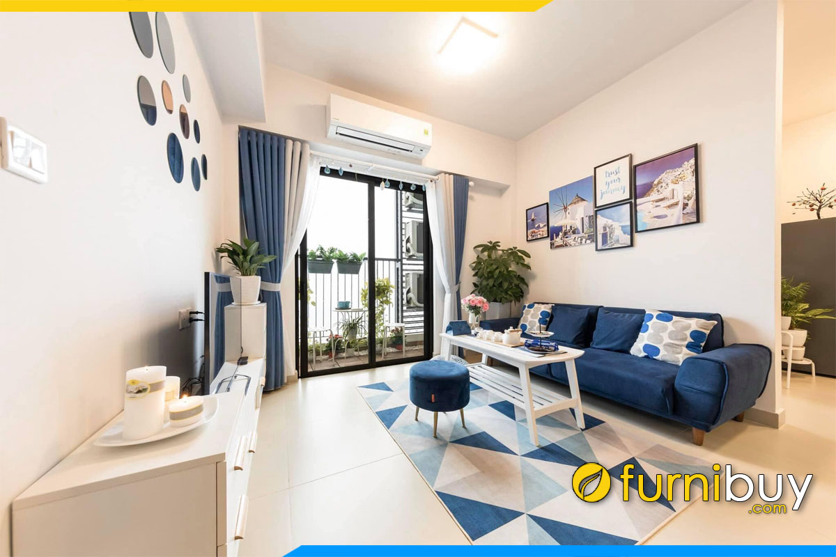 ghe sofa vang ni mau xanh duong ke phong khach hien dai