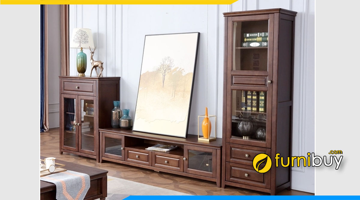 Ảnh Mẫu tủ tivi gỗ tân cổ điển kết hợp tủ sách đẹp sang