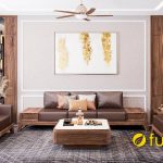 bộ bàn ghế sofa gỗ óc chó dạng văng kê phòng khách rộng