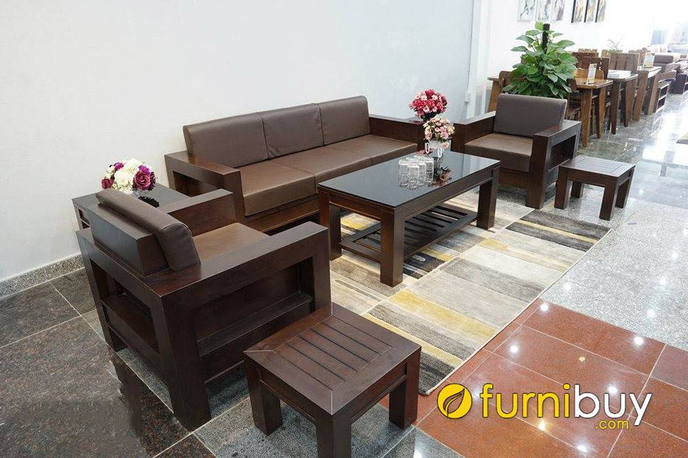 bộ ghế gỗ óc chó nệm da nâu sang trọng