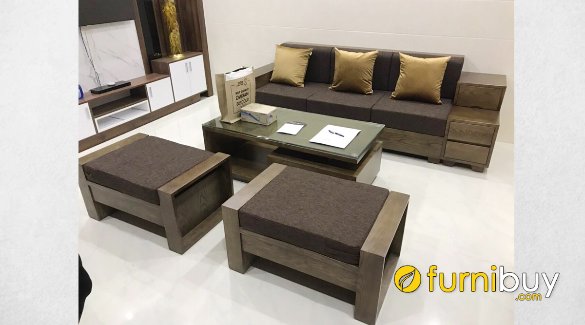 bộ sofa gỗ óc chó văng ngắn kèm 2 đôn nhỏ