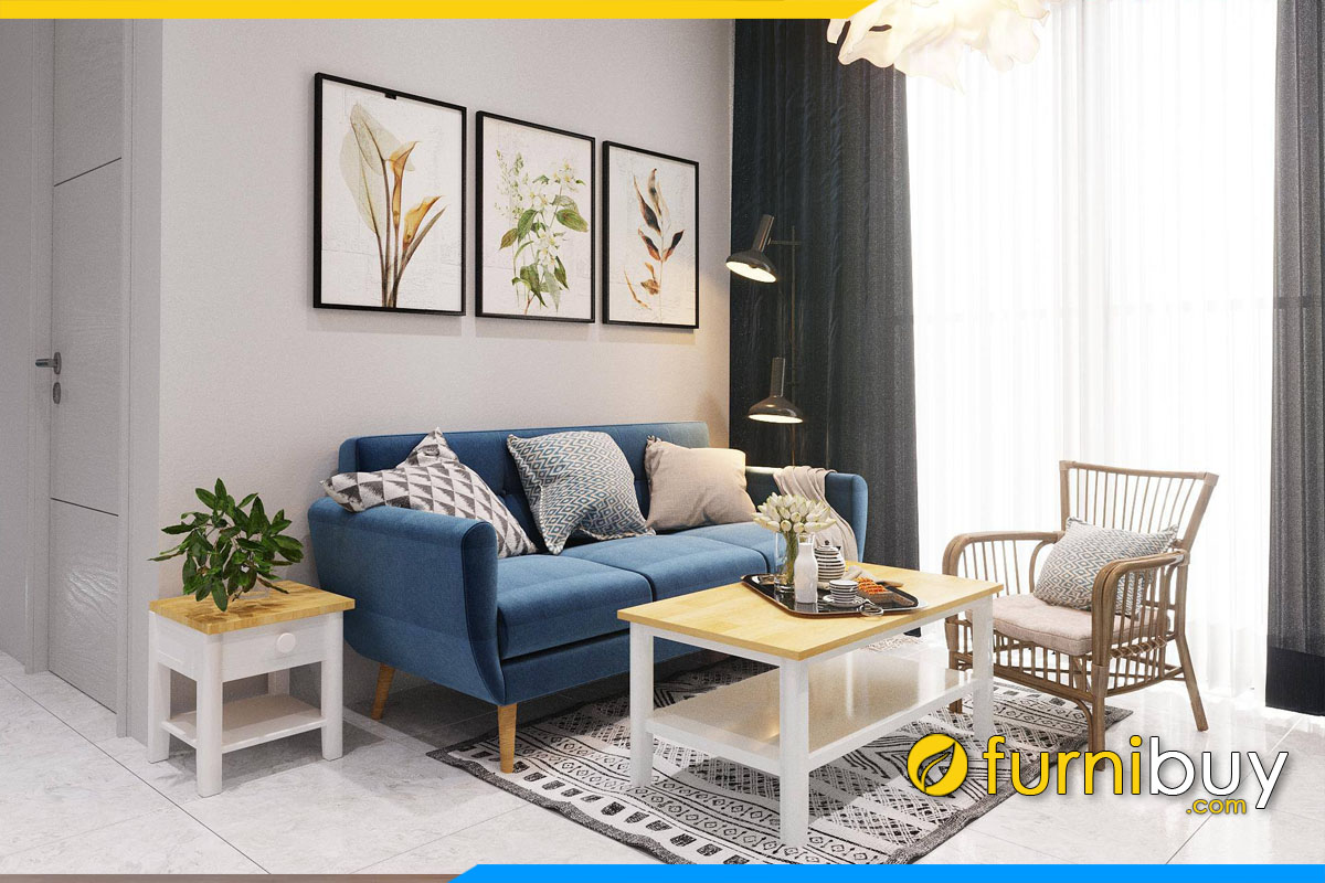 ghe sofa vang ke phong khach chung cu boc ni mau xanh