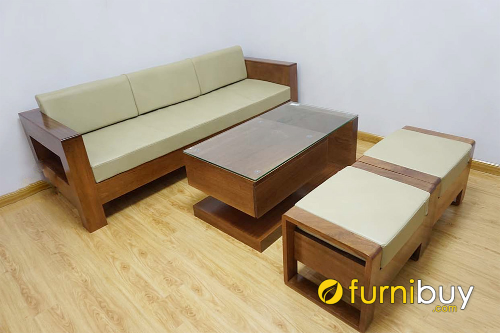 mẫu ghế sofa gỗ nệm nỉ kèm đôn mini
