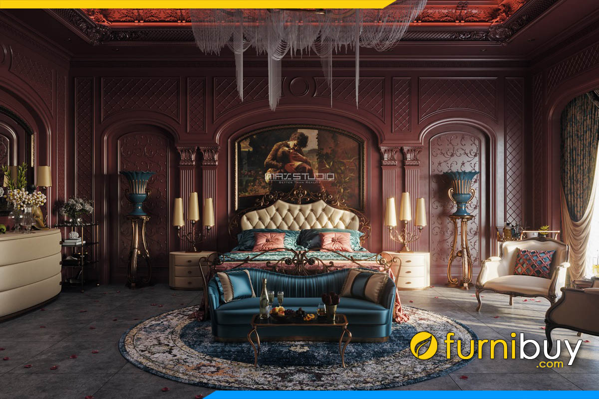 sofa da mau xanh co vit kieu quy toc ke phong ngu