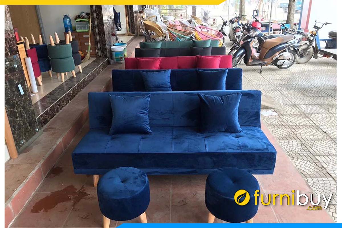 sofa khong tay vin boc ni nhung mau xanh