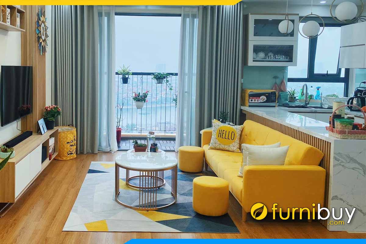 sofa phong khach chung cu boc ni mau vang