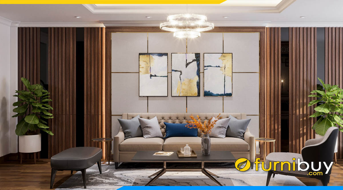 sofa vang 3 cho ngoi boc da cong nghiep ke phong khach chung cu