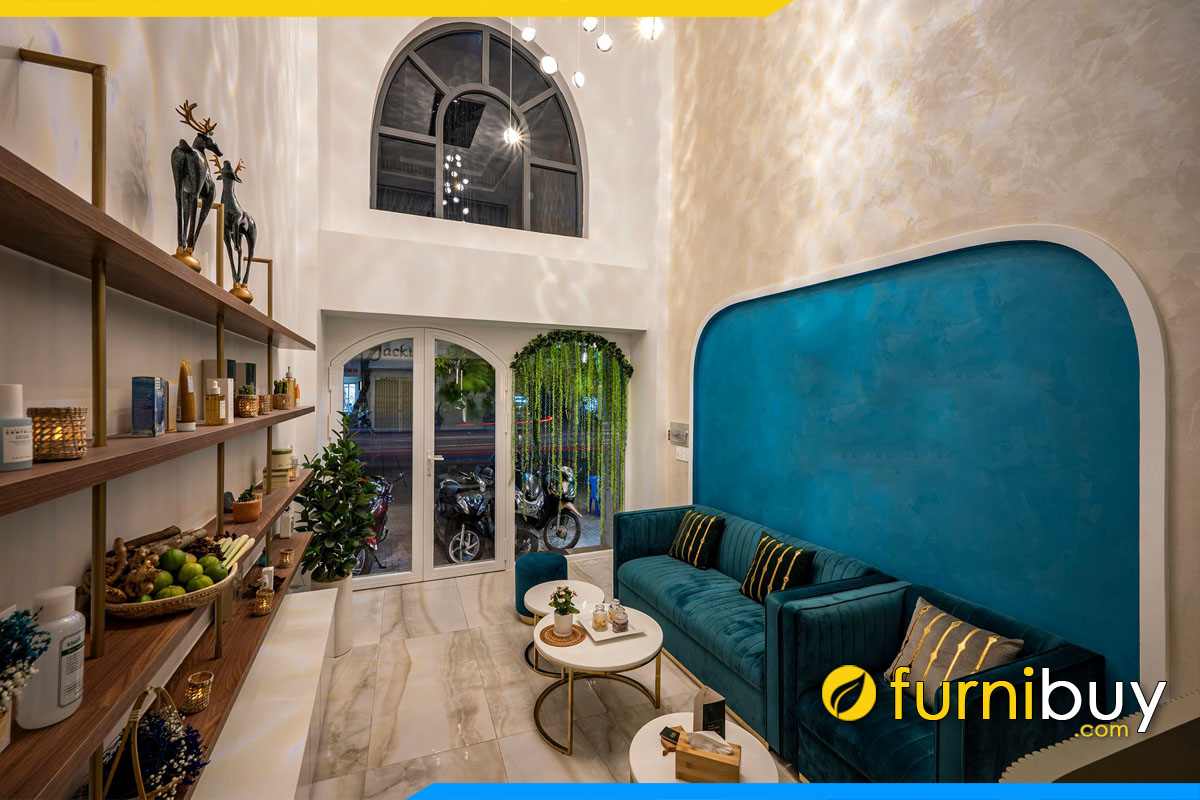 sofa vang ni nhung mau xanh quy toc ke tiem spa