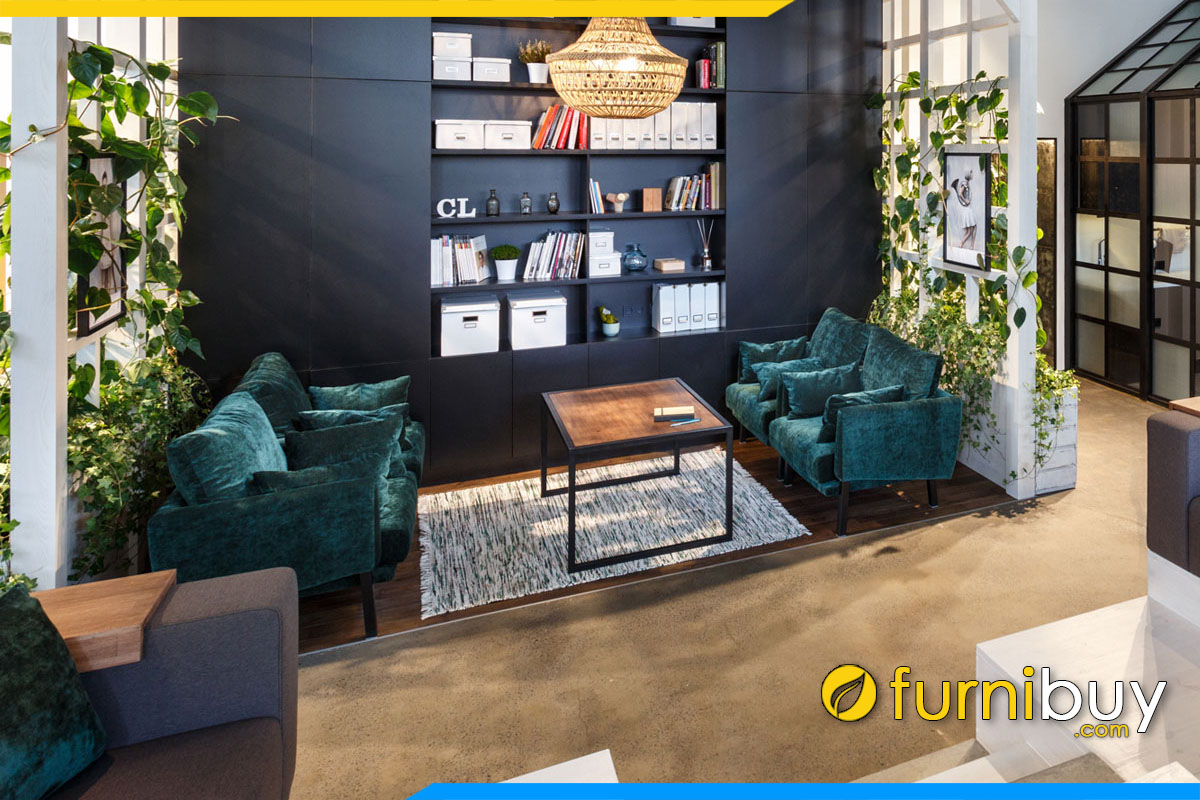 bo ghe sofa nhung ni mau xanh ke phong lam viec