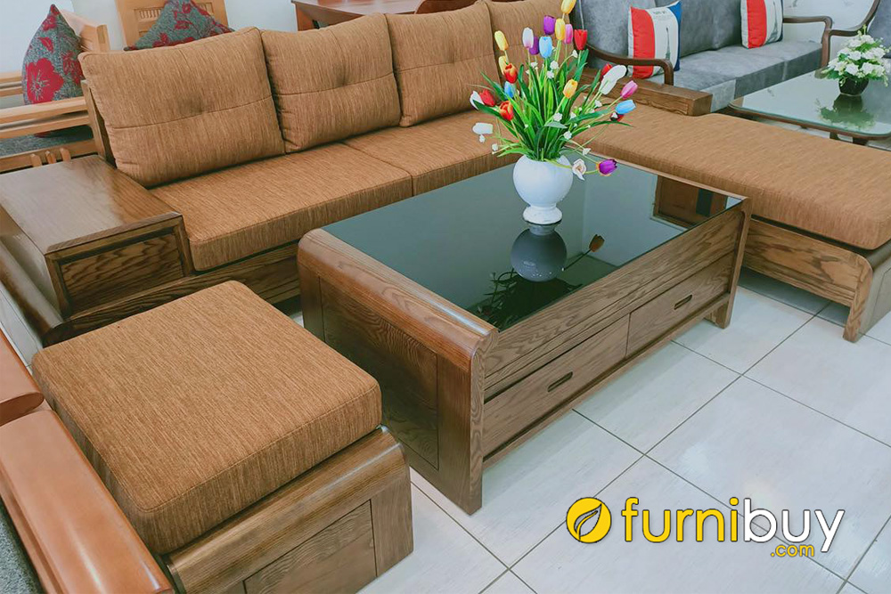 ghế sofa gỗ tần bì chữ L nệm nỉ màu nâu sang trọng