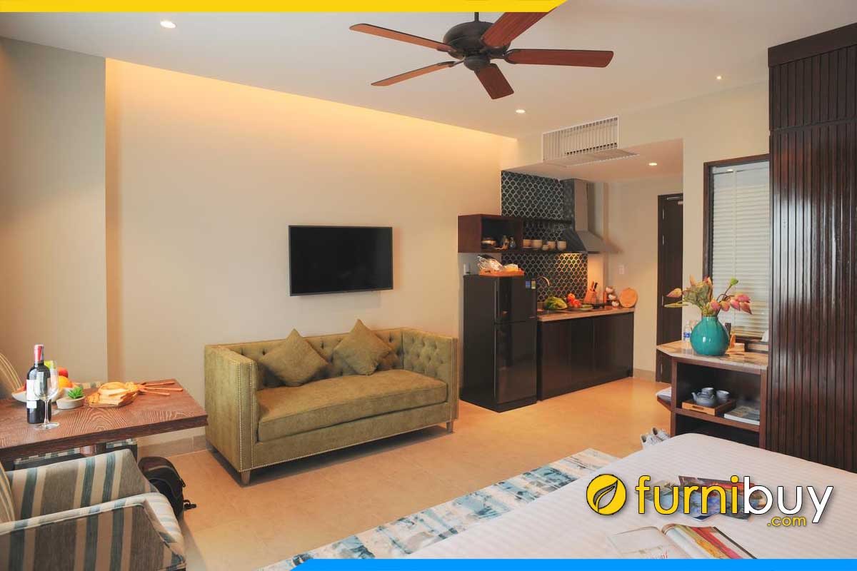 ghe sofa khach san boc ni mau xanh com ke phong ngu
