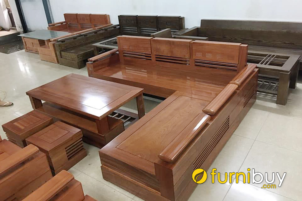 mẫu sofa gỗ góc chữ L xoan đào giá rẻ