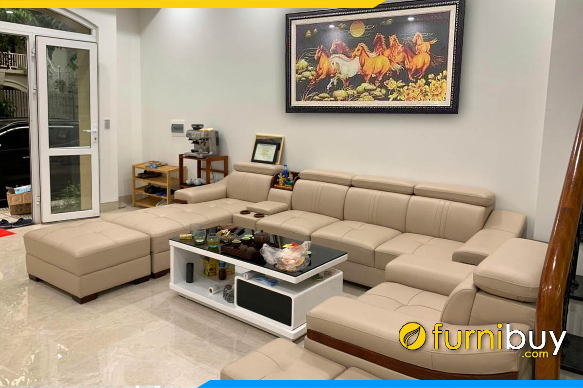 bo ghe sofa goc chu l kich thuoc 3m boc da mau kem