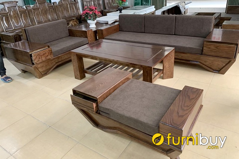 bộ sofa văng gỗ sồi đẹp chân thuyền nệm nỉ màu nâu