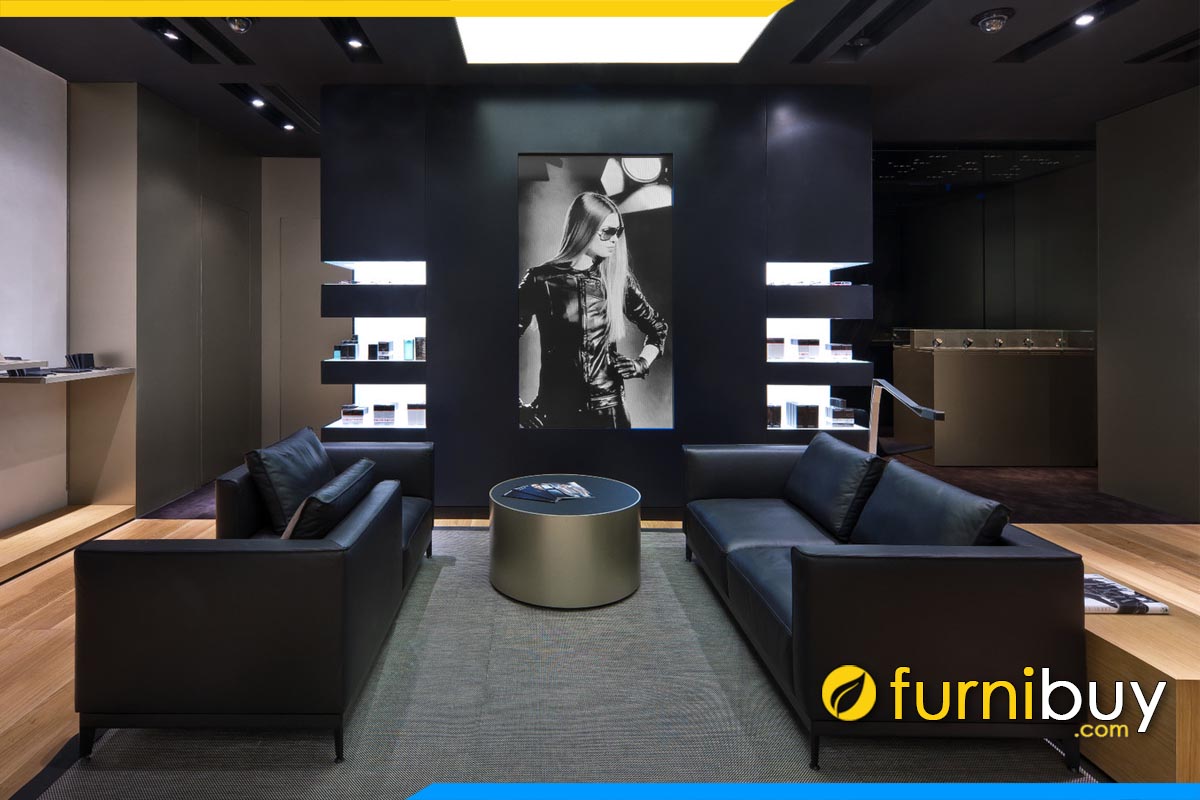 ghe sofa vang boc da mau den ke shop thoi trang