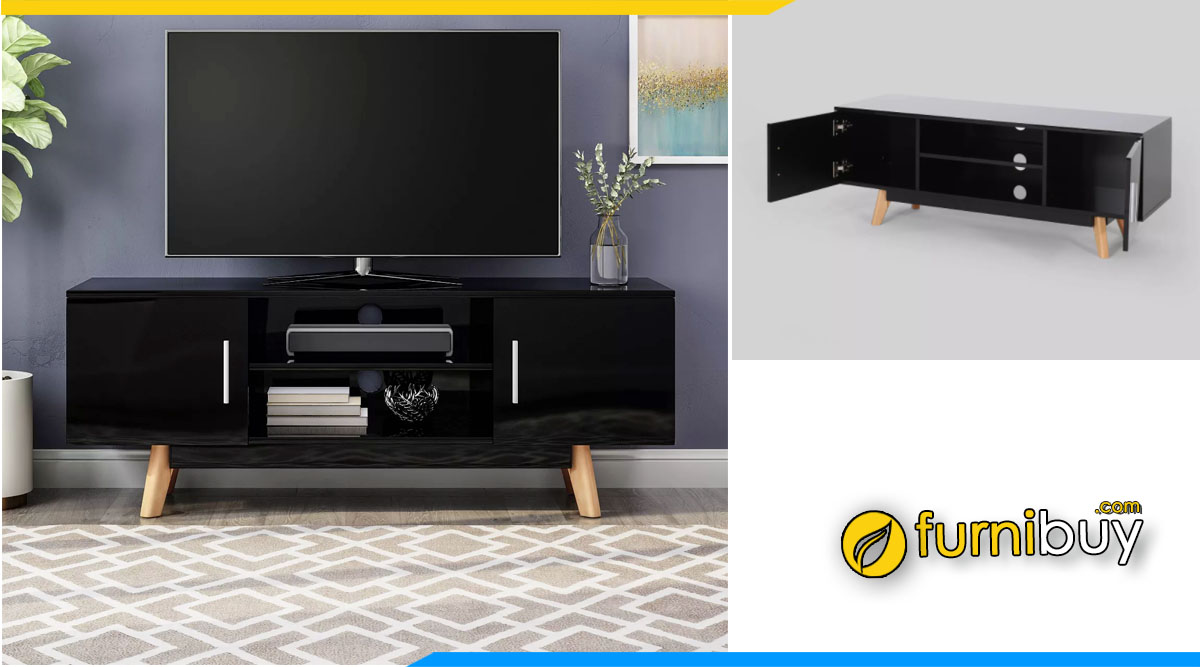 hình ảnh mẫu kệ tivi gỗ công nghiệp màu đen chân gỗ cao 8cm